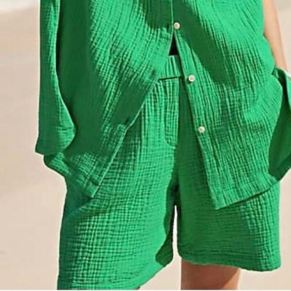 Green Cotton Double Gauze Shirt and Shorts Set XL